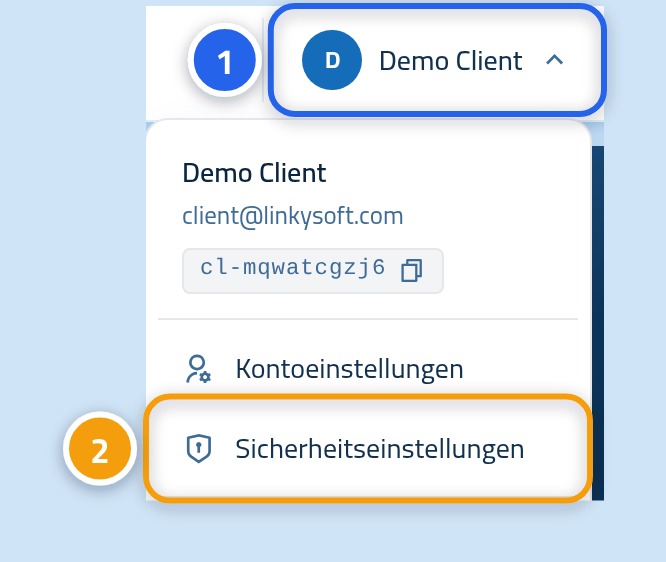 Das geöffnete Kontomenü: Benutzername mit 1 und der Eintrag Sicherheitseinstellungen mit 2 markiert.