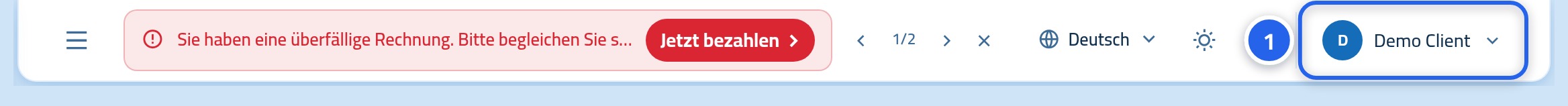 Die obere Leiste des Control Panels, mit Benutzername und Bild in der Ecke, markiert mit 1.