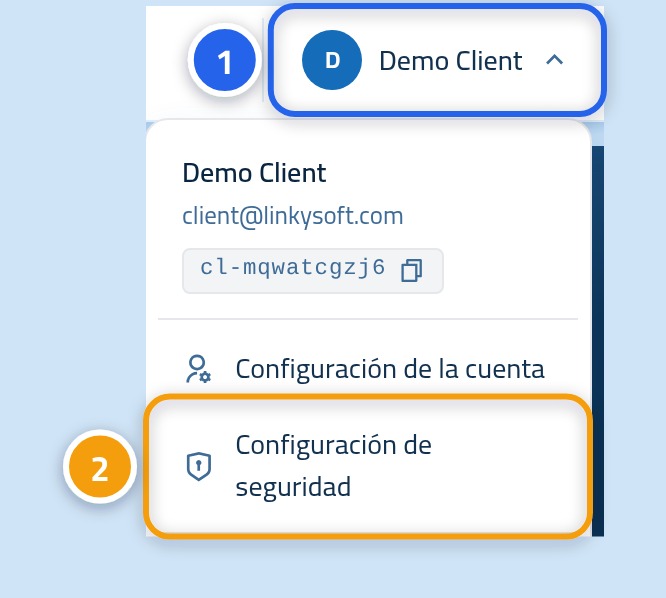 El menú de la cuenta abierto, con el nombre de usuario marcado con 1 y la opción Ajustes de seguridad con 2.