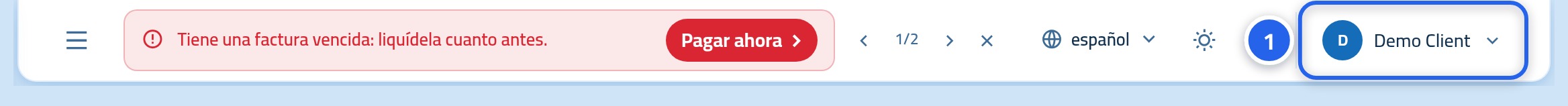 La barra superior del panel, con el nombre y la foto del usuario en la esquina marcados con 1.