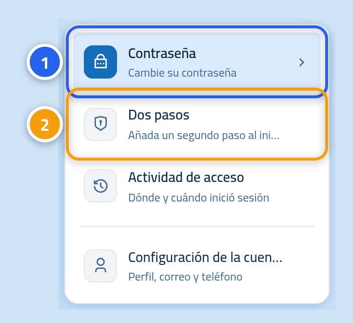 La lista lateral de seguridad, con «Contraseña» marcada con 1 y «Verificación en dos pasos» con 2.