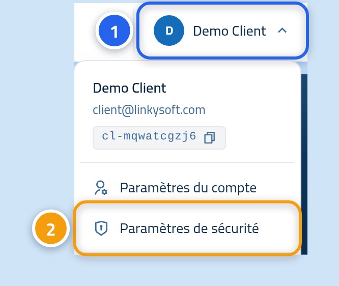 Le menu du compte ouvert, avec le nom d'utilisateur marqué 1 et l'entrée Paramètres de sécurité marquée 2.