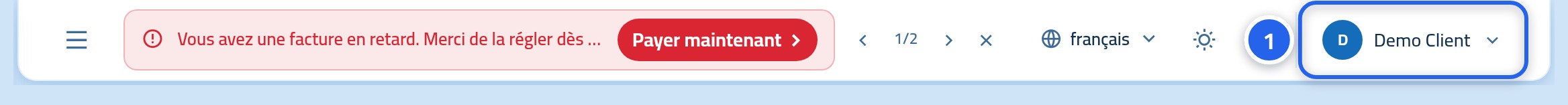 La barre supérieure du panneau de contrôle, avec le nom et la photo de l'utilisateur dans le coin, marqués 1.