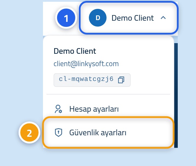 Açık hesap menüsü: kullanıcı adı 1, Güvenlik ayarları seçeneği 2 ile işaretlenmiş.