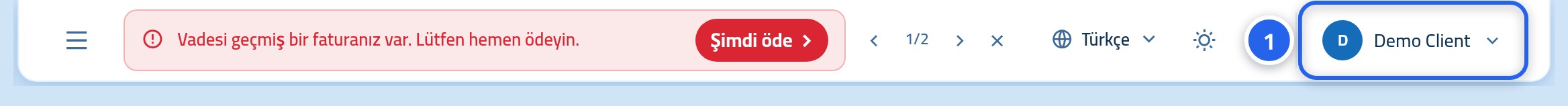 Kontrol panelinin üst çubuğu; köşedeki kullanıcı adı ve resmi 1 ile işaretlenmiş.