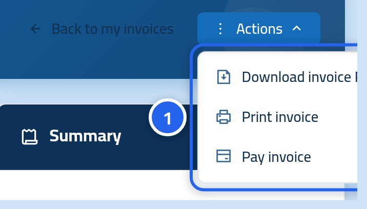 The invoice actions menu open, showing Download invoice PDF and Print invoice, with the number 1 on it.