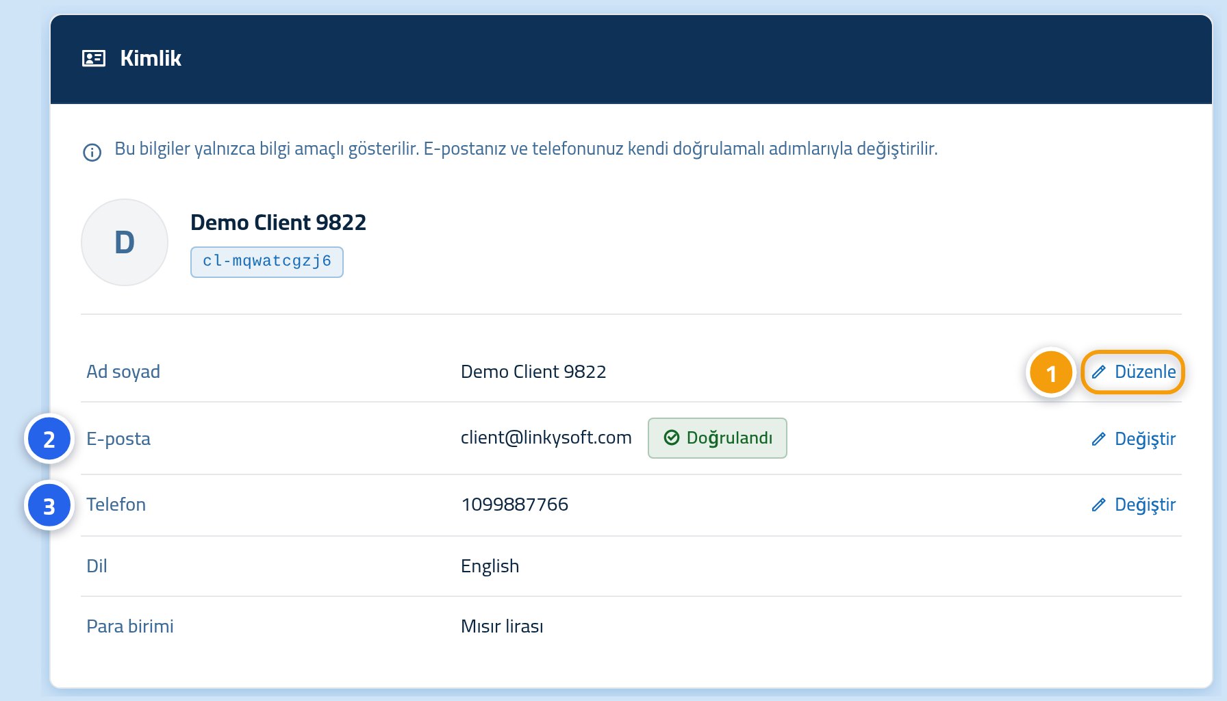 Hesap kimlik kartı; ad Düzenle düğmesi 1, e-posta satırı 2 ve telefon satırı 3 ile işaretlenmiş.