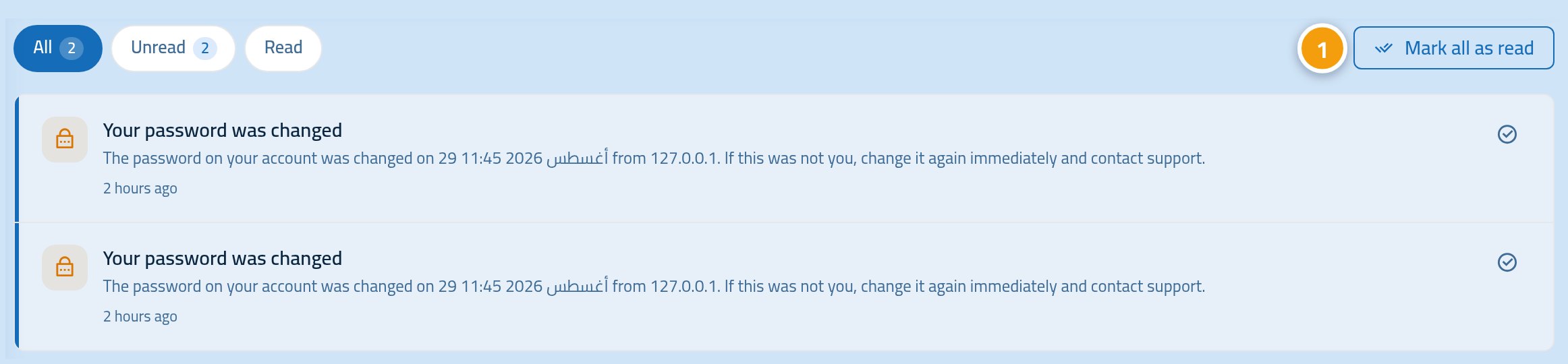 The notifications page, with the mark-all-as-read button marked 1.
