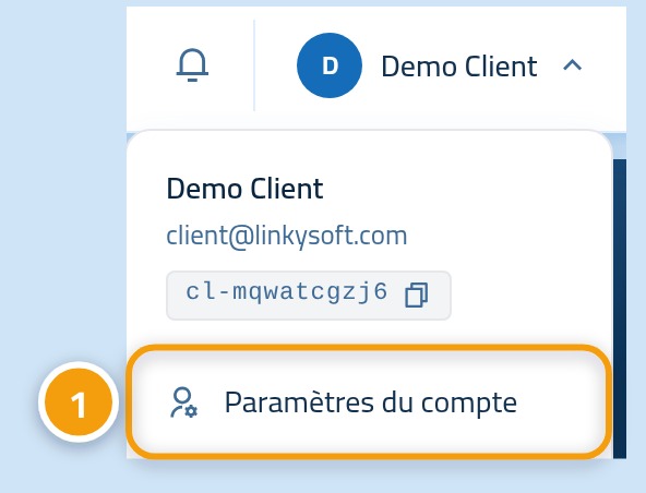 Le menu du compte ouvert en haut du panneau de contrôle, l'entrée Paramètres du compte marquée 1.