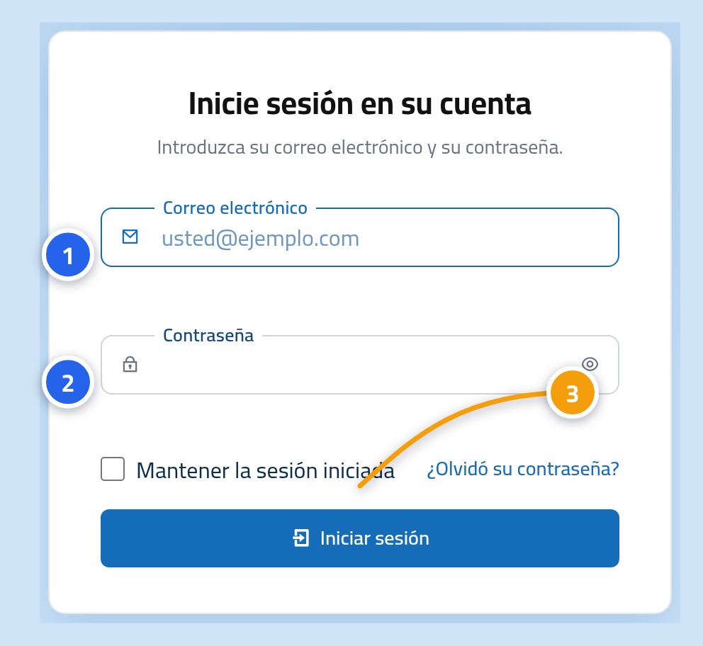 La página de acceso al panel de control de Linkysoft, con la casilla de correo marcada con 1, la de contraseña con 2 y el botón de entrar con 3.