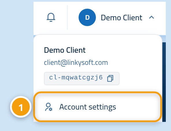 The account menu open at the top of the control panel, with the Account settings entry marked 1.