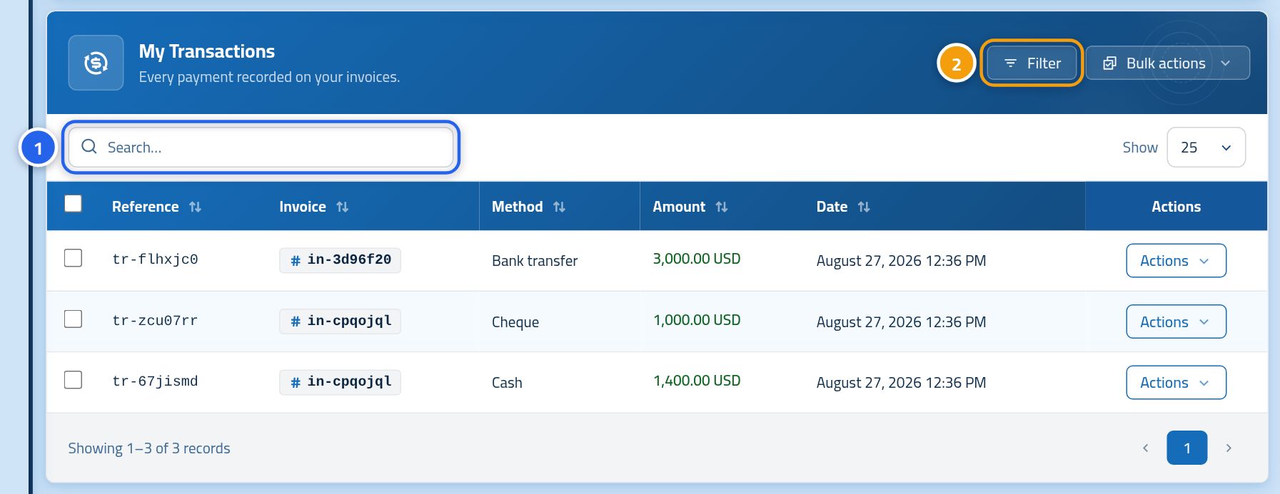 The My payments page showing the payments table, with the number 1 on the search box and the number 2 on the Filters button.
