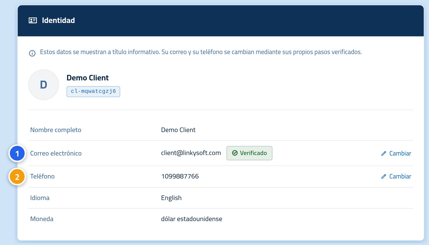 La tarjeta de identidad de la cuenta, con la fila del correo marcada con 1 y la del teléfono con 2.