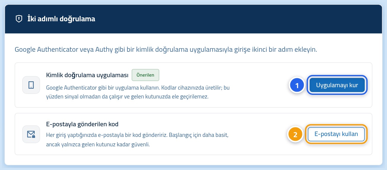 İki adımlı doğrulama kartı; uygulama düğmesi 1, e-posta düğmesi 2 ile işaretlenmiş.