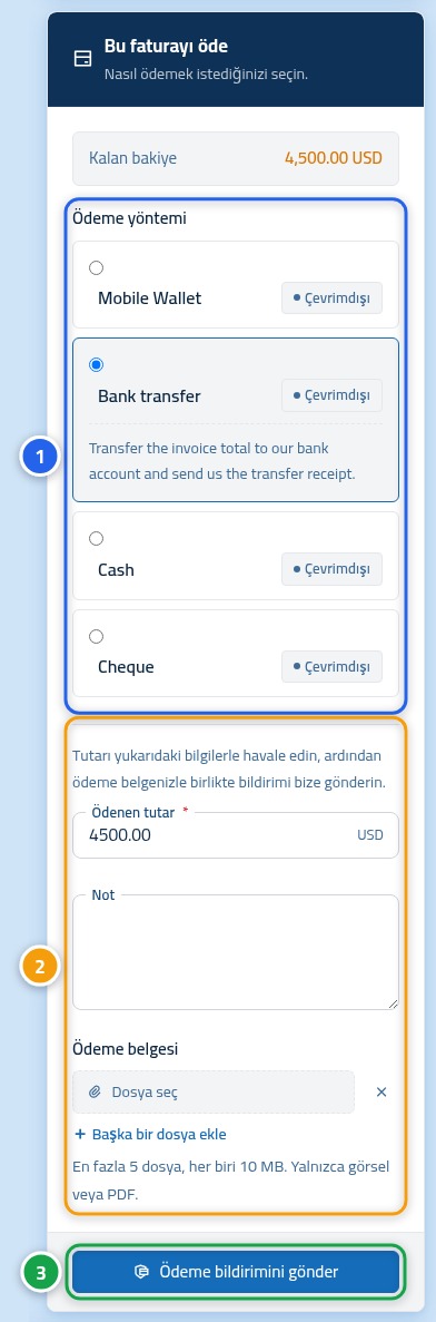 Faturanın ödeme kartı; ödeme yöntemlerinde 1, talep formunda 2 ve gönder düğmesinde 3 numarası var.