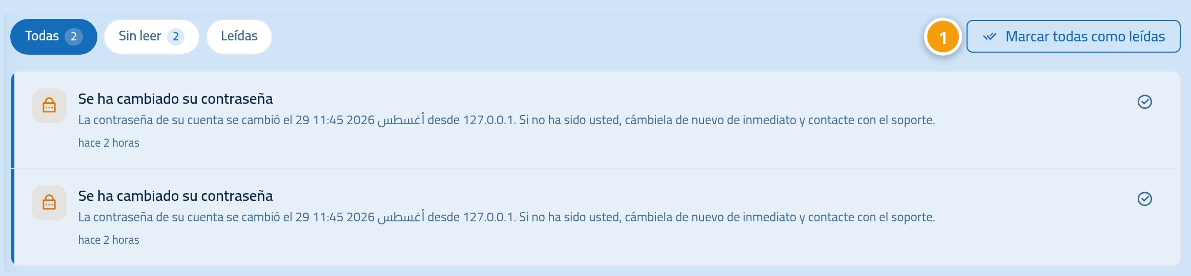 La página de notificaciones, con el botón de marcar todas como leídas señalado con 1.