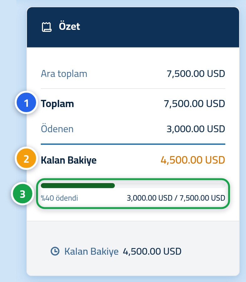 Faturanın özet kartı; toplamda 1, kalan tutarda 2 ve ilerleme çubuğunda 3 numarası var.