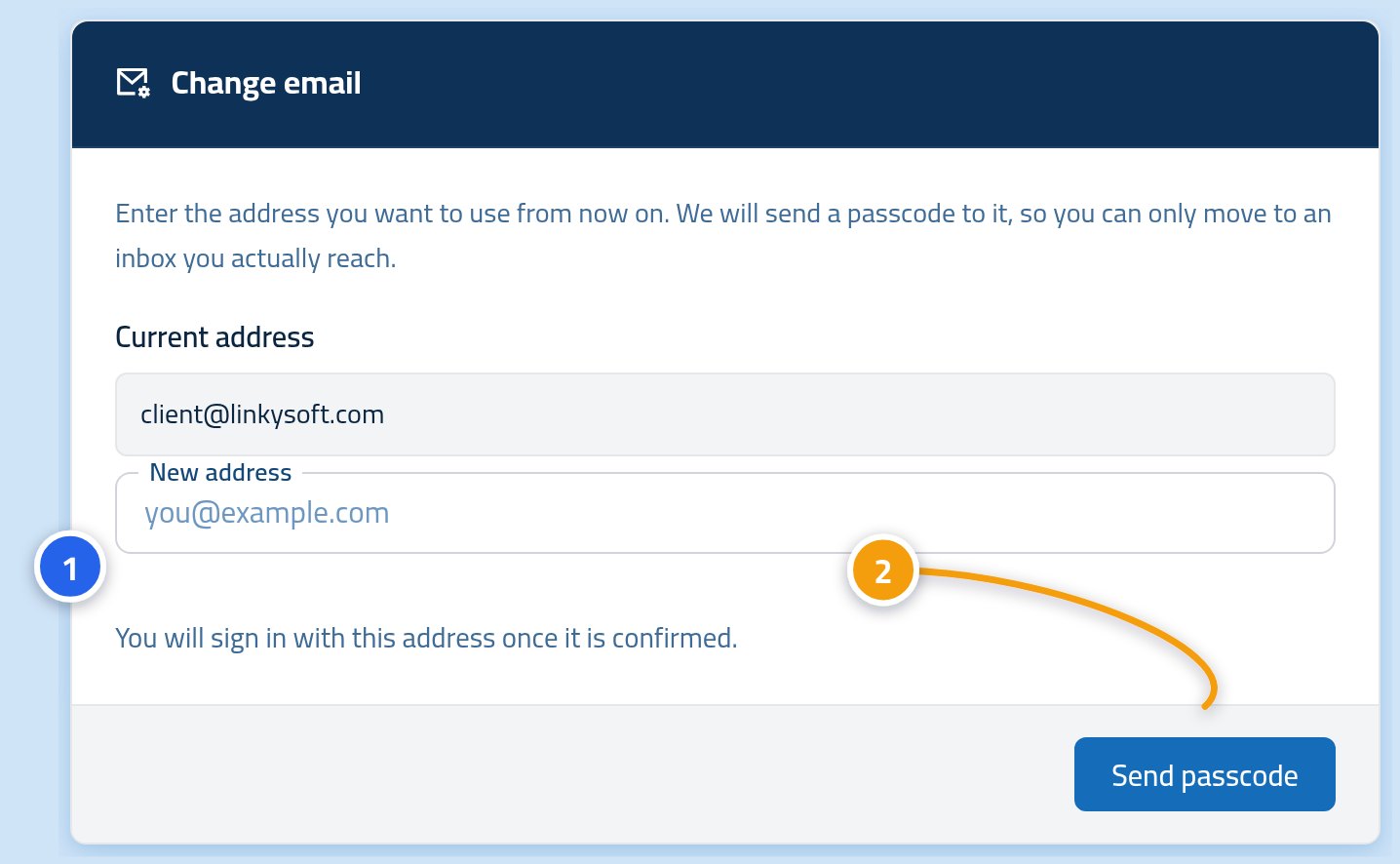 The change e-mail form, with the new address field marked 1 and the send-code button marked 2.