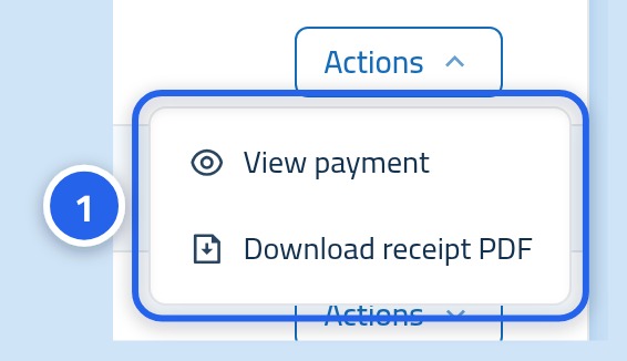 The actions menu on a payment row, open and showing View payment and Download receipt PDF, with the number 1 on it.