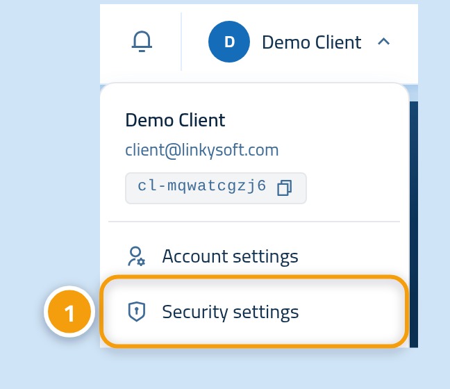 The account menu open, with the user name marked 1 and the Security settings entry marked 2.
