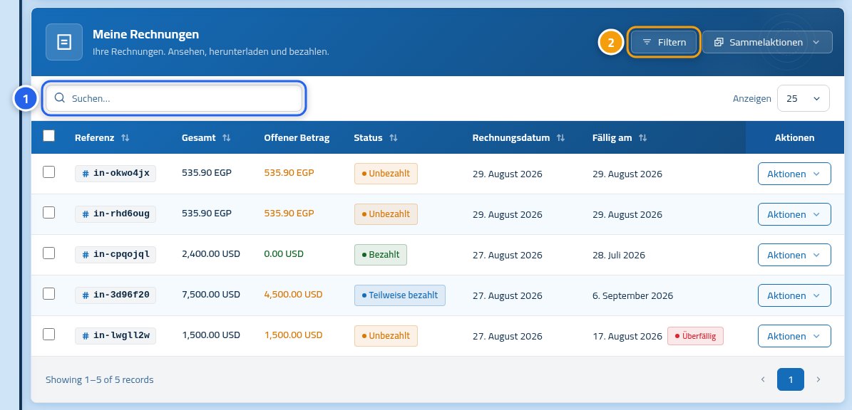 Die Seite „Meine Rechnungen“ mit der Rechnungstabelle, Nummer 1 auf dem Suchfeld und Nummer 2 auf der Filter-Schaltfläche.