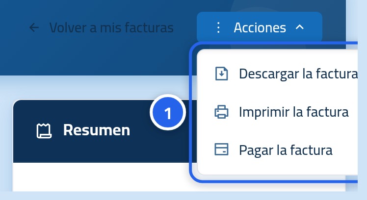 El menú de acciones de la factura abierto, con Descargar la factura en PDF e Imprimir la factura, y el número 1 sobre él.