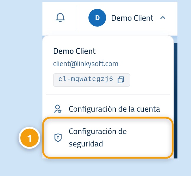 El menú de la cuenta abierto, con el nombre de usuario marcado con 1 y la opción Ajustes de seguridad con 2.