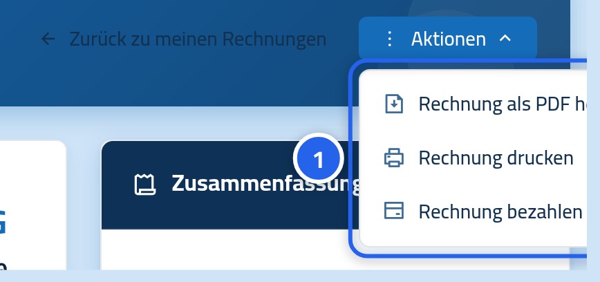 Das geöffnete Aktionsmenü der Rechnung mit „Rechnung als PDF herunterladen“ und „Rechnung drucken“, mit der Nummer 1 darauf.