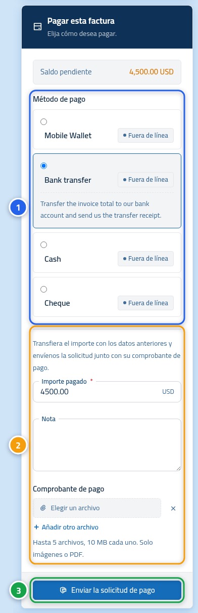 La tarjeta de pago de la factura, con el número 1 sobre los métodos de pago, el número 2 sobre el formulario y el número 3 sobre el botón de envío.
