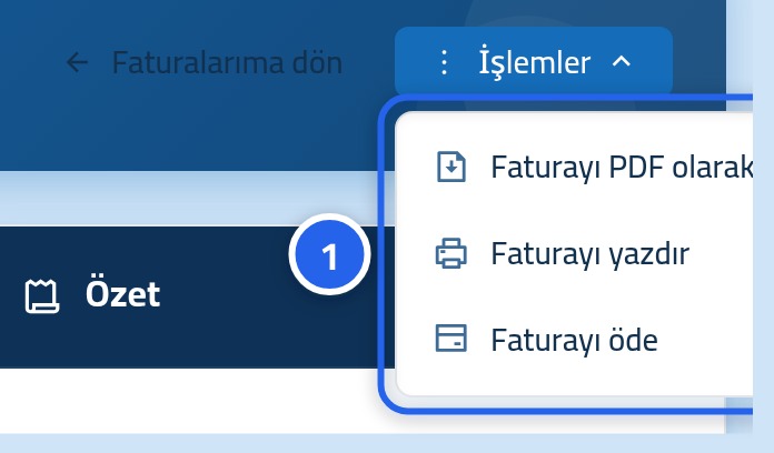Faturanın açık işlemler menüsü; Faturayı PDF olarak indir ve Faturayı yazdır görünüyor, üzerinde 1 numarası var.