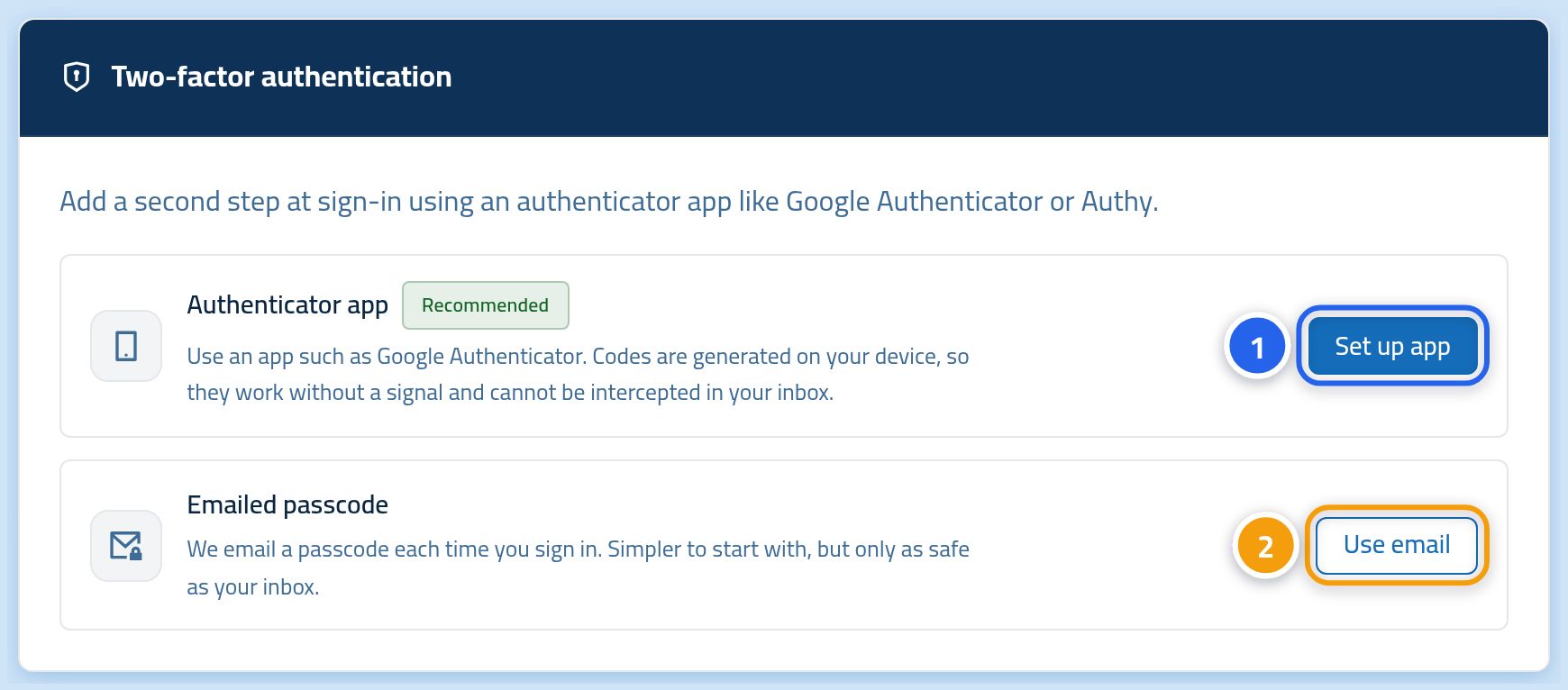 The two-factor card, with the authenticator app enable button marked 1 and the e-mail enable button marked 2.
