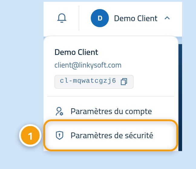 Le menu du compte ouvert, avec le nom d'utilisateur marqué 1 et l'entrée Paramètres de sécurité marquée 2.