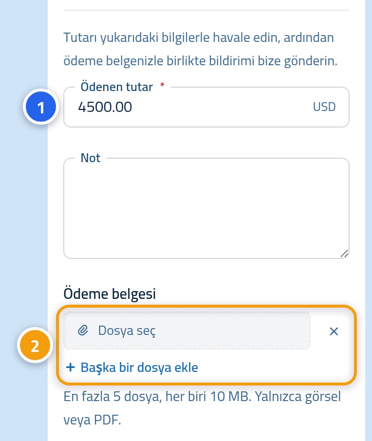 Ödeme talebi formu; tutar alanında 1, ekler bölümünde 2 numarası var.