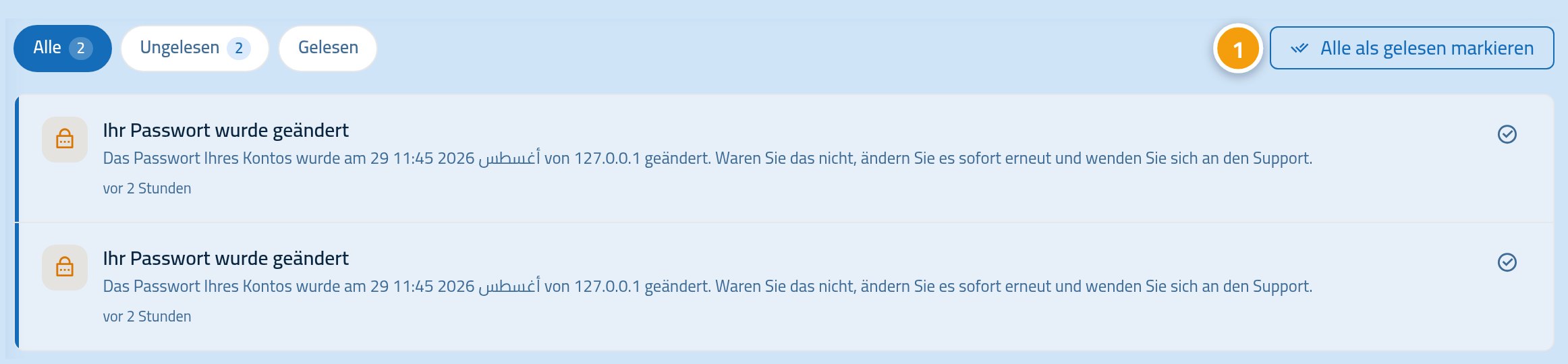 Die Benachrichtigungsseite, die Schaltfläche „alle als gelesen markieren“ ist mit 1 markiert.