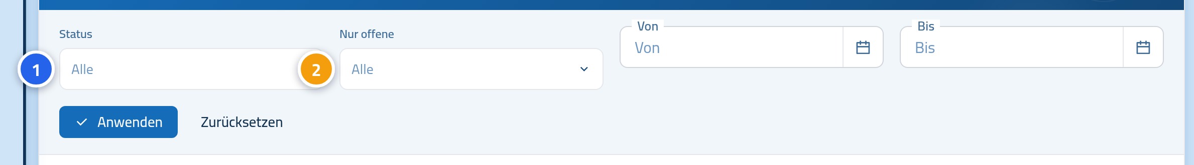 Das geöffnete Filterfeld, Nummer 1 auf der Statusliste und Nummer 2 auf dem Filter für offene Rechnungen.