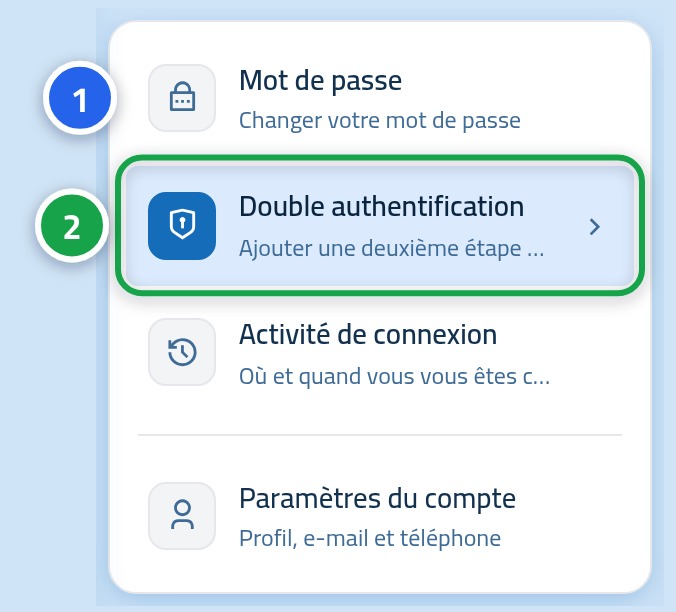 La liste latérale de sécurité, la page du mot de passe marquée 1 et la page à deux facteurs marquée 2.
