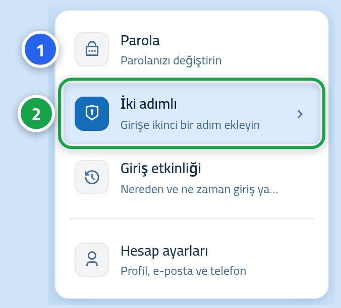 Yan güvenlik listesi; parola sayfası 1, iki adımlı doğrulama sayfası 2 ile işaretlenmiş.