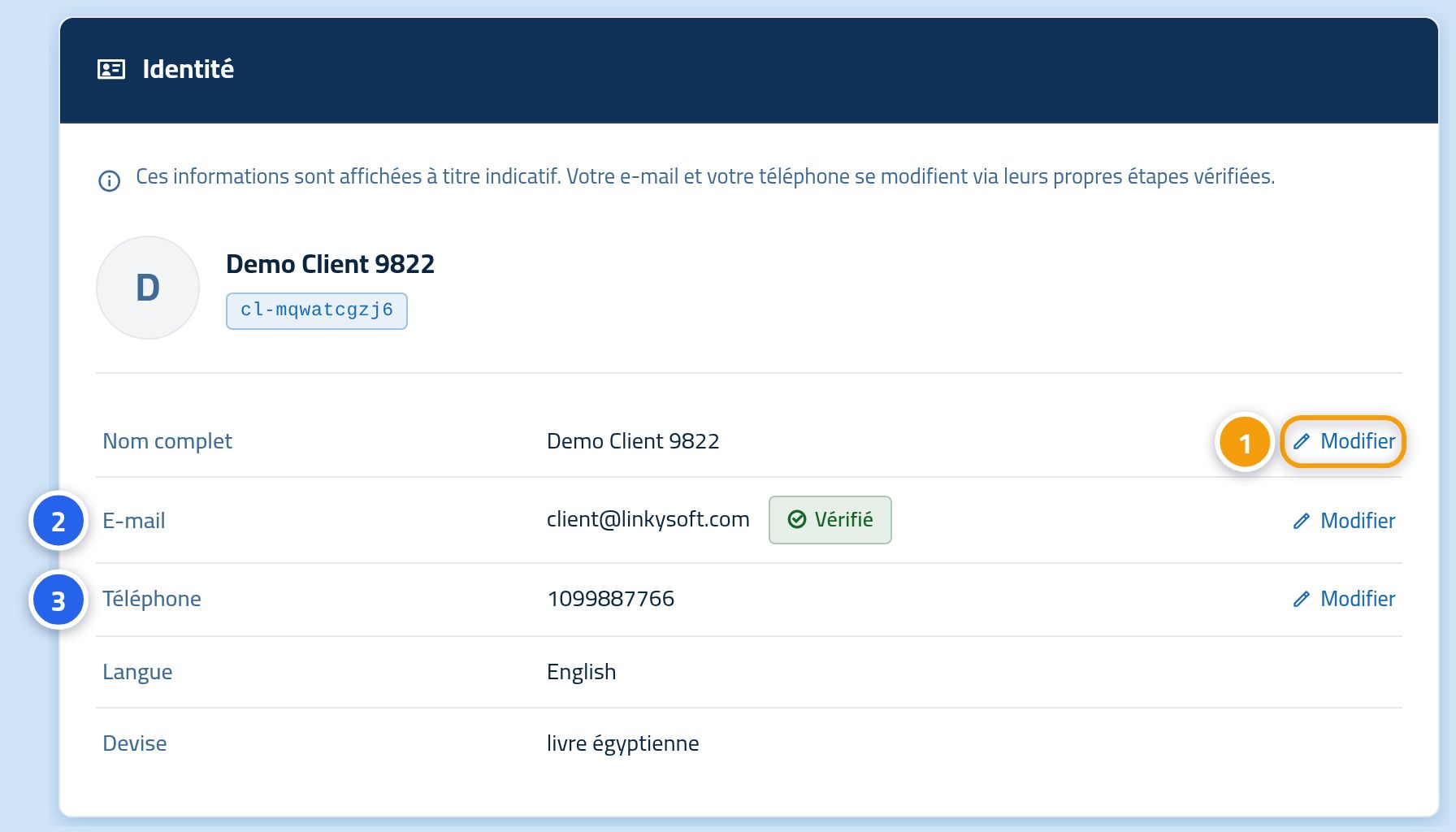 La carte d'identité du compte : le bouton Modifier du nom marqué 1, la ligne e-mail marquée 2 et la ligne téléphone marquée 3.