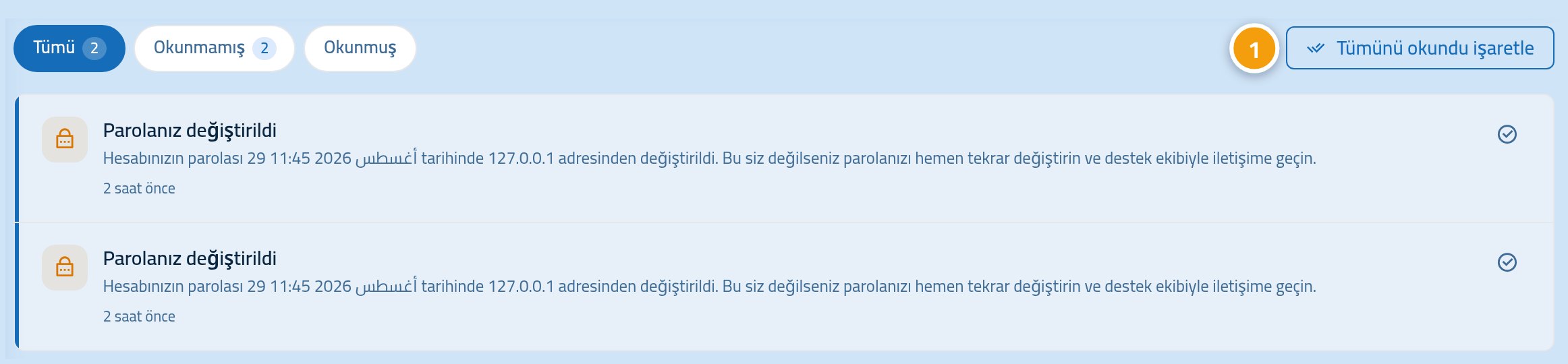 Bildirimler sayfası; „tümünü okundu işaretle“ düğmesi 1 ile işaretlenmiş.