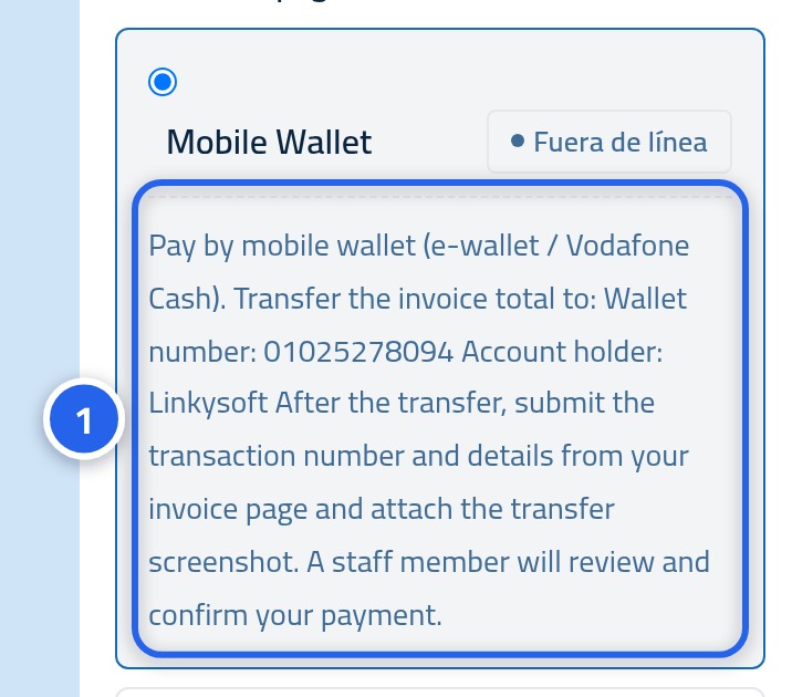 Un método de pago seleccionado con sus instrucciones visibles debajo, con el número 1 sobre ellas.