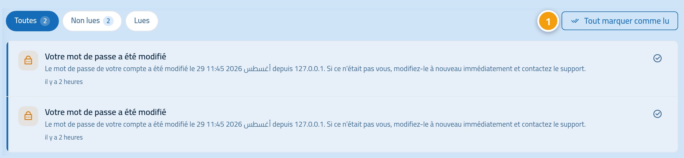 La page des notifications, le bouton « tout marquer comme lu » marqué 1.