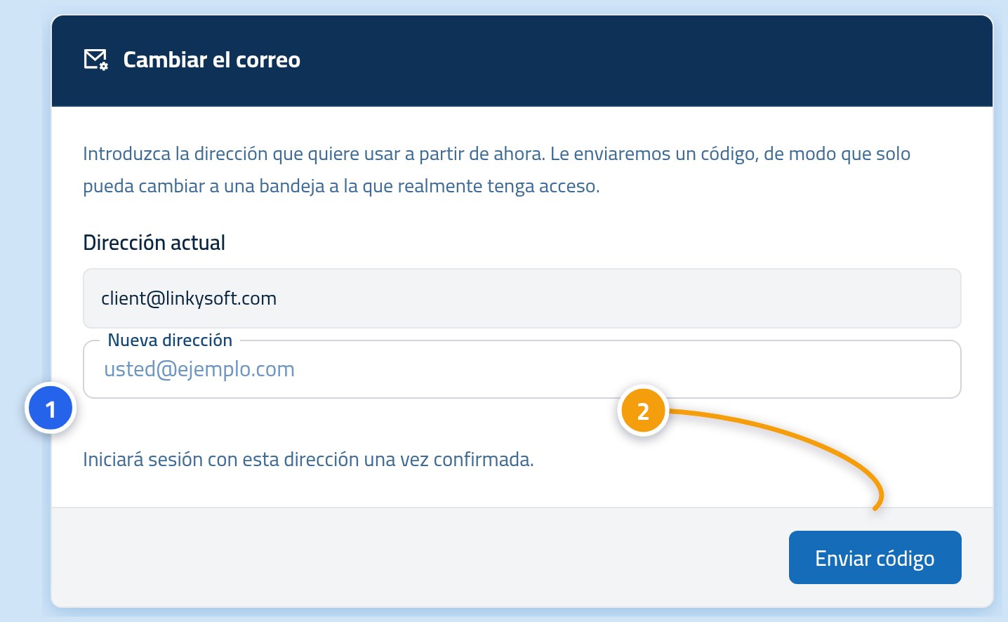 El formulario de cambio de correo, con la casilla de la nueva dirección marcada con 1 y el botón de enviar código con 2.