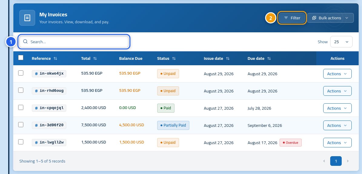 The My invoices page showing the invoice table, with the number 1 on the search box and the number 2 on the Filters button.