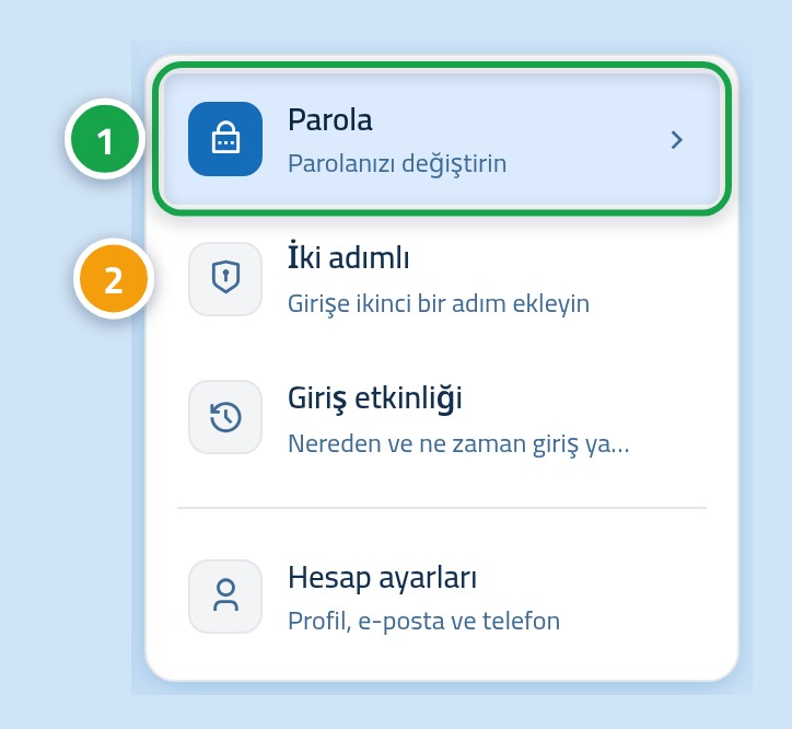 Yan güvenlik listesi; „Parola“ 1, „İki adımlı doğrulama“ 2 ile işaretlenmiş.