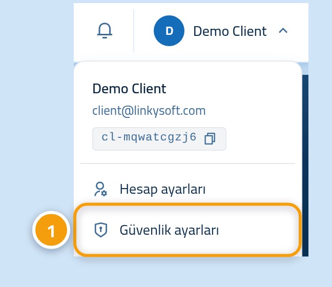 Açık hesap menüsü: kullanıcı adı 1, Güvenlik ayarları seçeneği 2 ile işaretlenmiş.