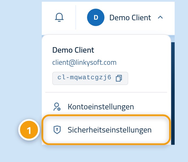 Das geöffnete Kontomenü: Benutzername mit 1 und der Eintrag Sicherheitseinstellungen mit 2 markiert.
