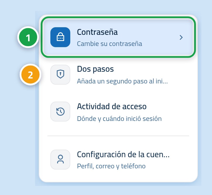 La lista lateral de seguridad, con «Contraseña» marcada con 1 y «Verificación en dos pasos» con 2.