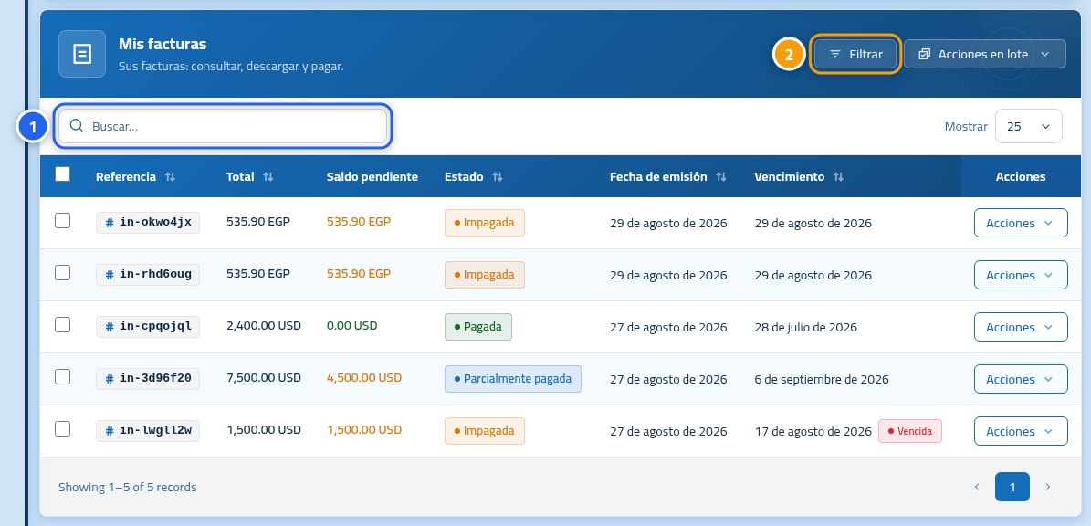La página Mis facturas con la tabla de facturas, con el número 1 sobre el buscador y el número 2 sobre el botón de filtros.