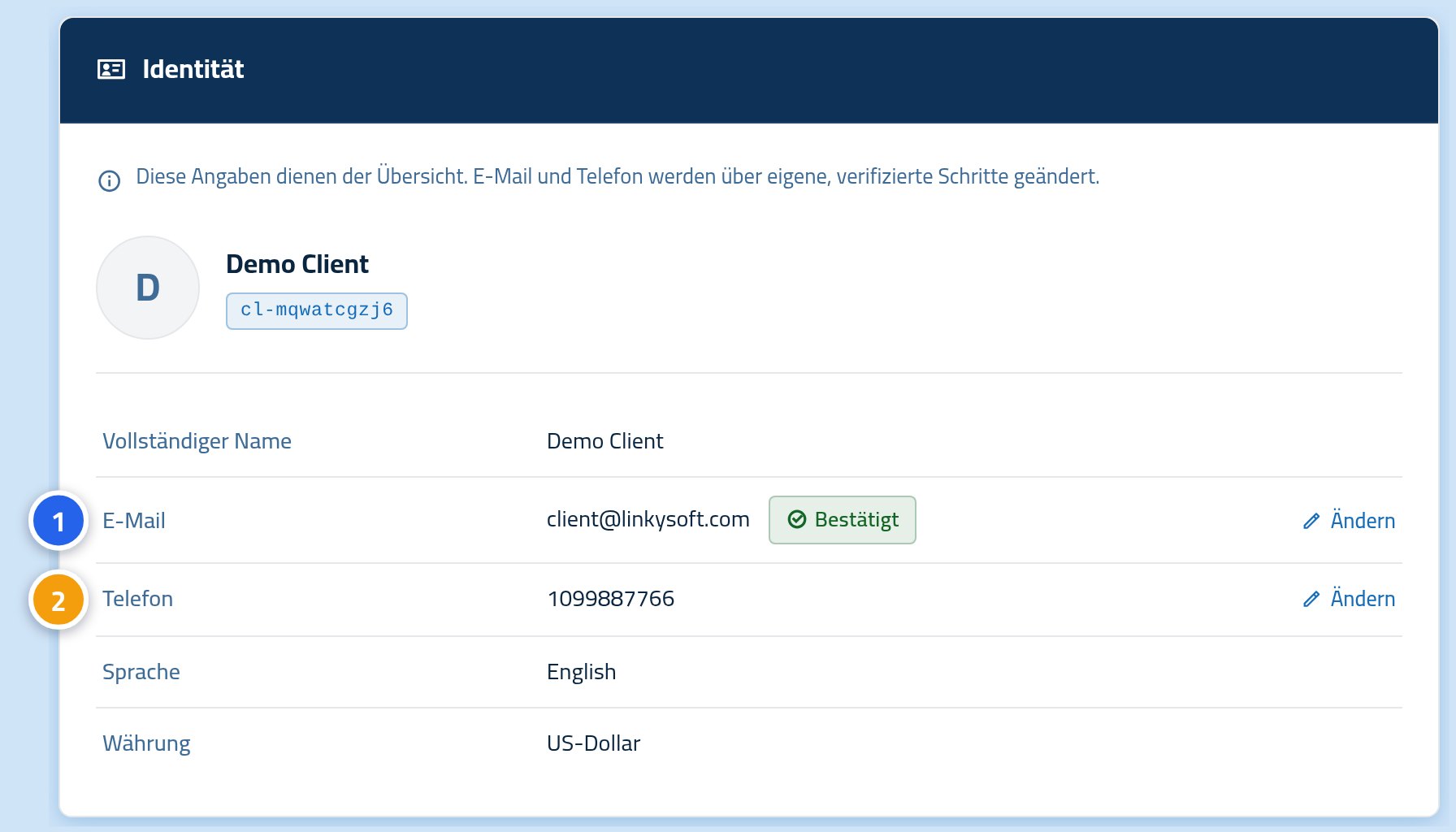 Die Identitätskarte des Kontos, die E-Mail-Zeile ist mit 1 und die Telefonzeile mit 2 markiert.
